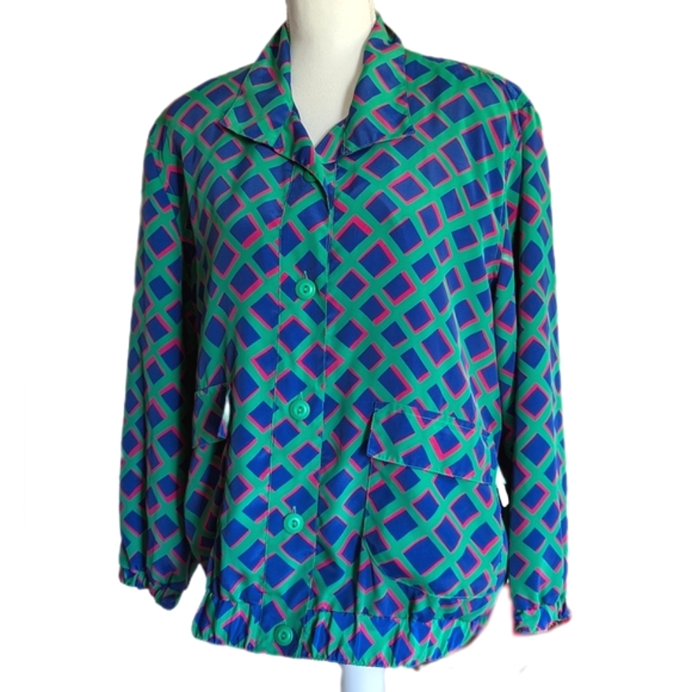 Vintage Jacket Windbreaker 80's Bright Green Purple & ppnk Collar Medium